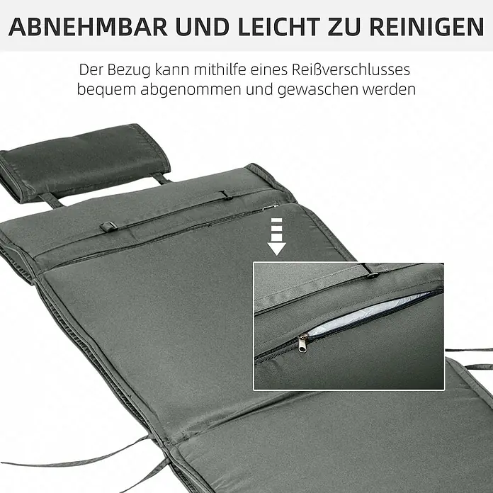 Outsunny Liegenauflage - Gartenliege, 1 Stk., Polyester, Baumwollfaser, Grau - Dunkelgrauer, gepolsterter Bezug mit sichtbarem Reißverschluss, der seine Abnehmbarkeit und leichte Reinigung hervorhebt.