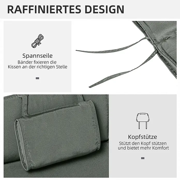Outsunny Liegenauflage - Gartenliege, 1 Stk., Polyester, Baumwollfaser, Grau - Graues Kissen mit Befestigungsbändern zur Fixierung und einer integrierten Kopfstütze für Komfort.