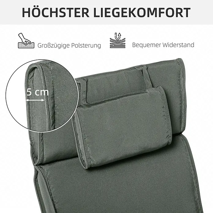 Outsunny Liegenauflage - Gartenliege, 1 Stk., Polyester, Baumwollfaser, Grau - Nahaufnahme eines grauen Polsters mit 5 cm Dicke, die großzügige Polsterung und bequemen Widerstand hervorhebt.