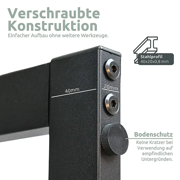 holz4home Kaminholzregal 100x25x60cm - 60 x 25 x 100 cm - Nahaufnahme eines schwarzen, verschraubten Metallrahmens mit Bodenschutz, zeigt 40x20x0,8mm Stahlprofil.