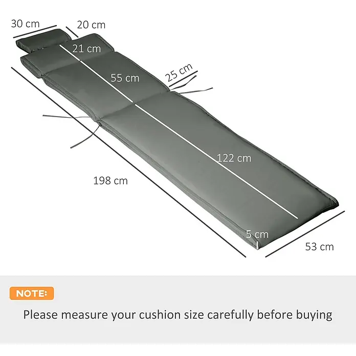 Outsunny Liegenauflage - Gartenliege, 1 Stk., Polyester, Baumwollfaser, Grau - Graues gepolstertes Outdoor-Liegekissen mit detaillierten Maßen.