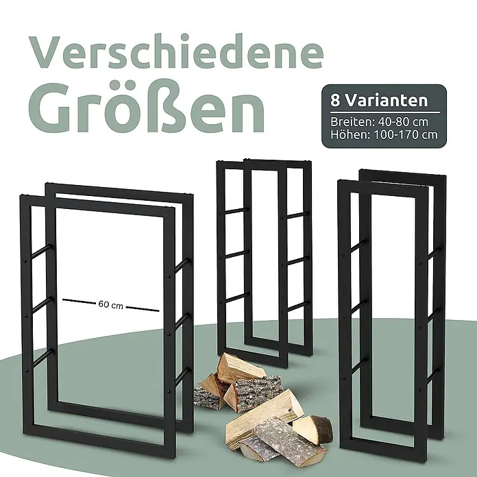 holz4home Kaminholzregal 100x25x60cm - 60 x 25 x 100 cm - Schwarze Metallrahmen für Kaminholz in verschiedenen Größen, teils mit Holzscheiten, als modulare Lagerlösung.