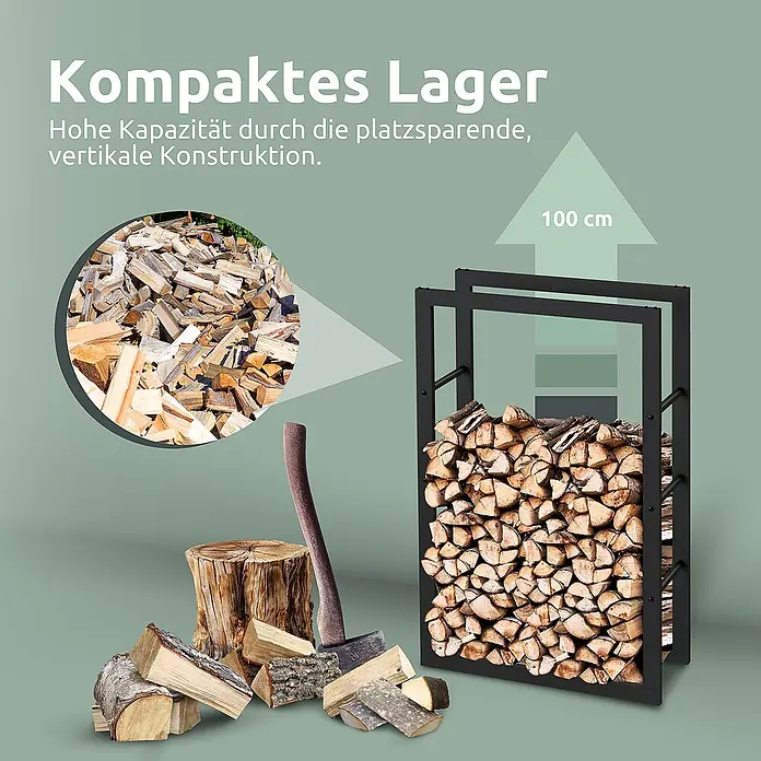 holz4home Kaminholzregal 100x25x60cm -  - Schwarzes Metall-Kaminholzregal gefüllt mit Holzscheiten, zeigt kompakte vertikale Lagerung mit einer Axt.