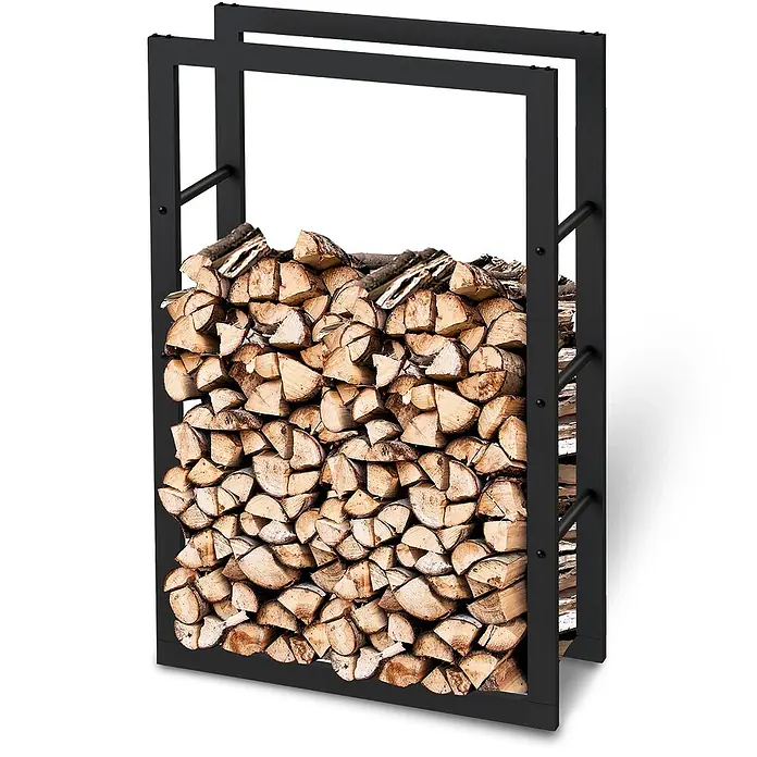 holz4home Kaminholzregal 100x25x60cm -  - Schwarzes Metall-Brennholzregal, gefüllt mit sauber gestapelten Holzscheiten.