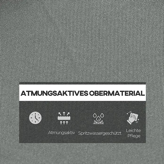 Outsunny Liegenauflage - Gartenliege, 1 Stk., L x B x H: 196 x 55 x 8 cm, Polyester, PP-Füllung, Dunkelgrau - Nahaufnahme von grauem, atmungsaktivem Textilmaterial, das Merkmale wie atmungsaktiv, spritzwassergeschützt und pflegeleicht hervorhebt.