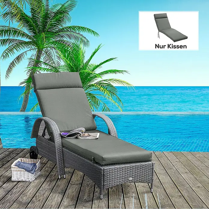 Outsunny Liegenauflage - Gartenliege, 1 Stk., L x B x H: 196 x 55 x 8 cm, Polyester, PP-Füllung, Dunkelgrau - Graue Rattan-Sonnenliege mit passendem Kissen auf Holzterrasse am Infinity-Pool mit Meerblick und Palmen.