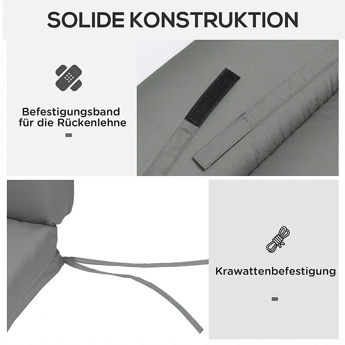 Outsunny Liegenauflage - Gartenliege, 1 Stk., L x B x H: 196 x 55 x 8 cm, Polyester, PP-Füllung, Dunkelgrau - Graues Kissen mit Klettband zur Rückenlehnenbefestigung und Stoffbändern zur Fixierung.