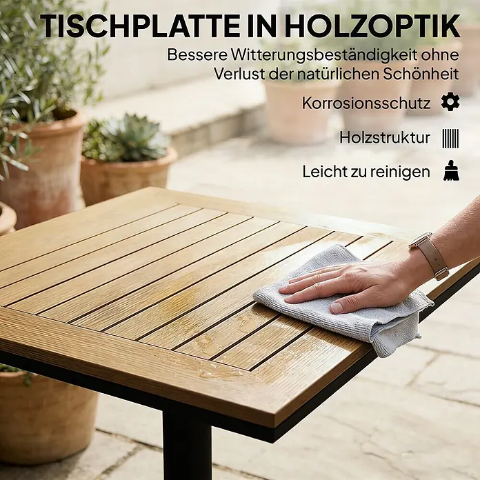 Outsunny Balkontisch - L x B x H: 70 x 70 x 74 cm, Metall, WPC, Viereckig, Natur - Tischplatte in Holzoptik mit Lamellen-Design wird draußen abgewischt. Robust und pflegeleicht.
