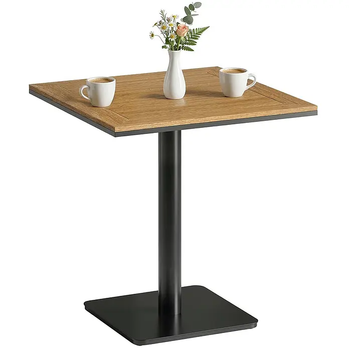 Outsunny Balkontisch - L x B x H: 70 x 70 x 74 cm, Metall, WPC, Viereckig, Natur - Quadratischer Cafétisch mit heller Holzplatte und schwarzem Metallsäulenfuß.