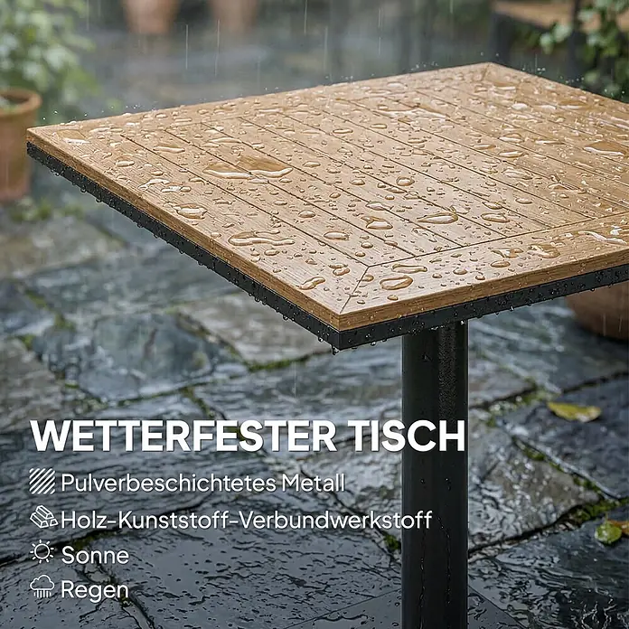 Outsunny Balkontisch - L x B x H: 70 x 70 x 74 cm, Metall, WPC, Viereckig, Natur - Wetterfester Gartentisch mit hellbrauner Holz-Kunststoff-Platte und schwarzem pulverbeschichtetem Metallrahmen, benetzt mit Regentropfen.