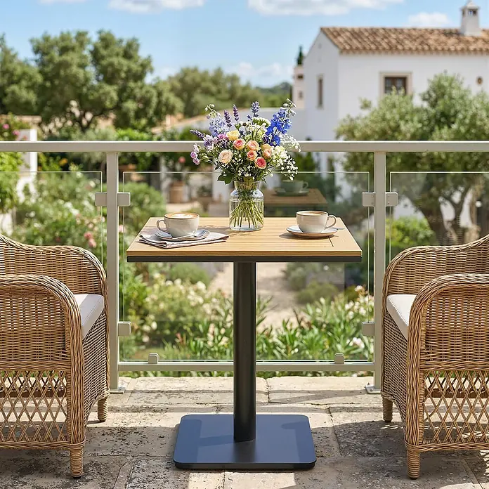 Outsunny Balkontisch - L x B x H: 70 x 70 x 74 cm, Metall, WPC, Viereckig, Natur - Zwei natürliche Korbsessel und ein quadratischer Holztisch mit schwarzem Sockel auf einem Balkon mit Kaffee und Blumen.