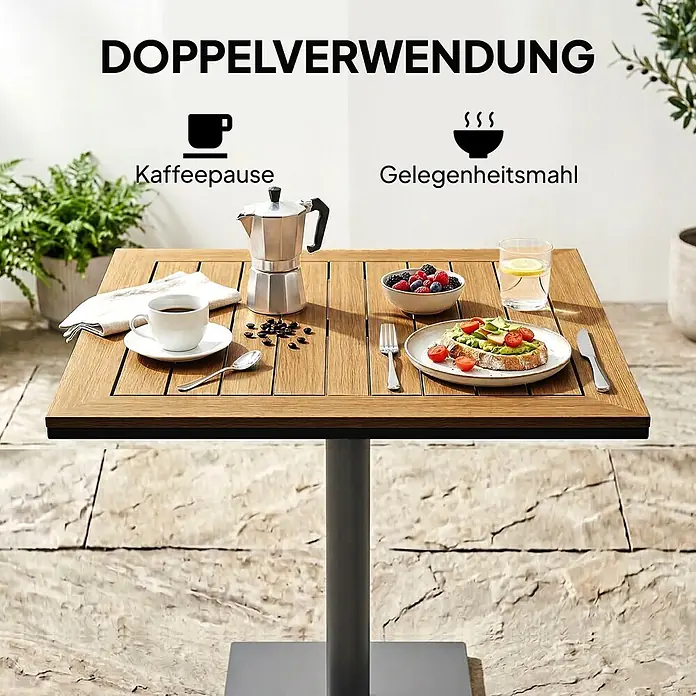 Outsunny Balkontisch - L x B x H: 70 x 70 x 74 cm, Metall, WPC, Viereckig, Natur - Quadratischer Gartentisch mit Holzplatte und dunklem Metallfuß, für Kaffeepausen und leichte Mahlzeiten gedeckt.
