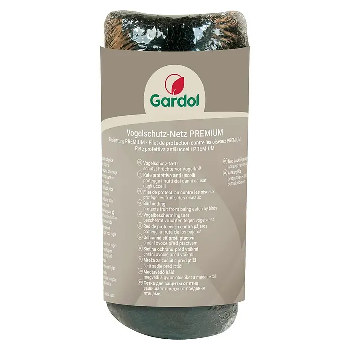 Gardol Vogelschutznetz Premium - 5 x 4 m - Gerolltes, dunkles Vogelschutznetz mit beigem Etikett, zum Schutz von Pflanzen vor Vögeln.