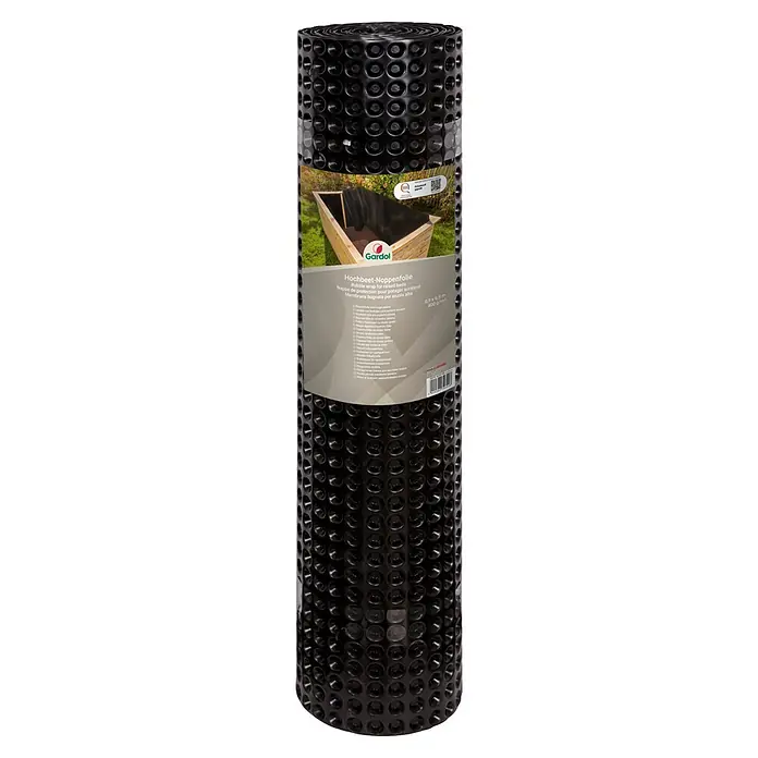 Gardol Hochbeet-Noppenfolie - 0,9 x 6,5 m - Schwarze Noppenfolie für Hochbeete, aufgerollt mit Produktetikett.