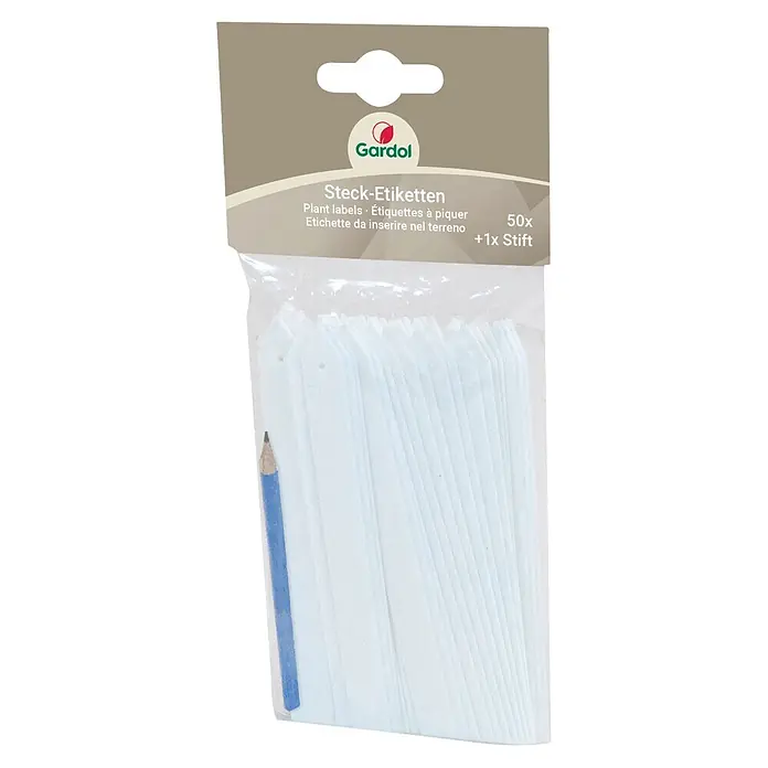 Gardol Stecketiketten - 50 Stk. - Gardol Set mit 50 weißen Pflanzenetiketten und einem blauen Stift.