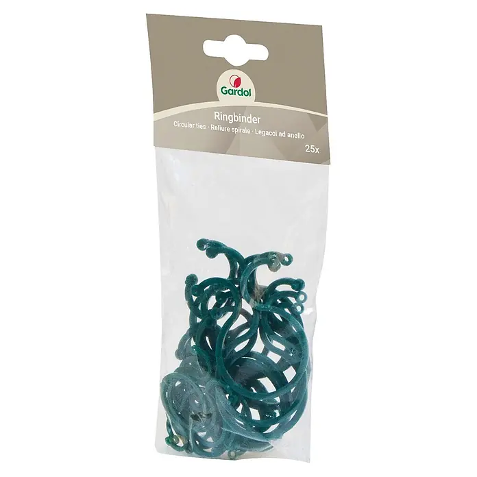 Gardol Ringbinder - 25 Stk. - Eine klare Plastikverpackung mit 25 dunkelgrünen, flexiblen Pflanzenbindern.