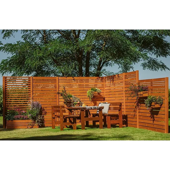Werth Holz Sichtschutzelement Göteborg - B x H: 179 x 149 cm, Holz, Braun - Brauner Sichtschutz aus Holz mit integrierten Pflanzgefäßen, schafft eine gemütliche Sitzgelegenheit im Garten mit passender Picknicktischgarnitur.