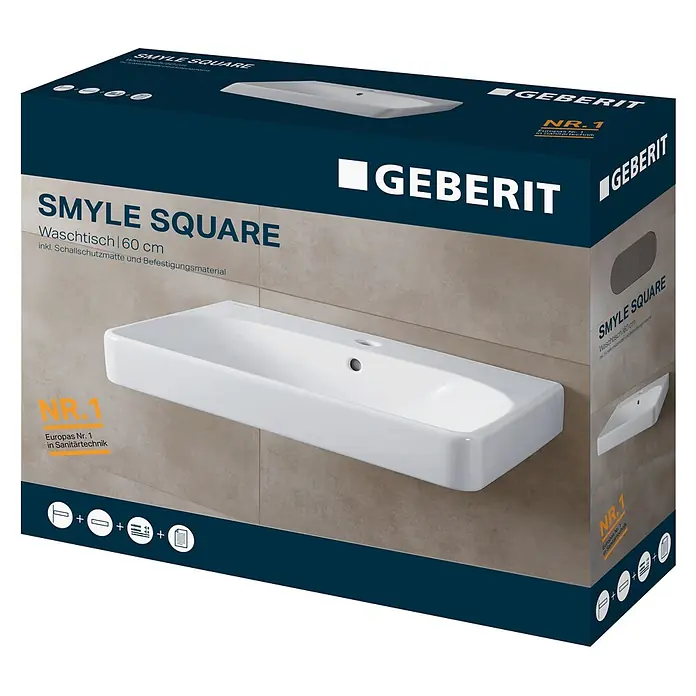 Geberit Smyle Square Waschtisch - 60 x 48 cm, Ohne Spezialglasur, Hahnloch: Mitte, Mit Überlauf, Weiß - Geberit Smyle Square 60cm Waschtisch-Box, zeigt weißes Waschbecken, Schallschutz und Montagematerial.