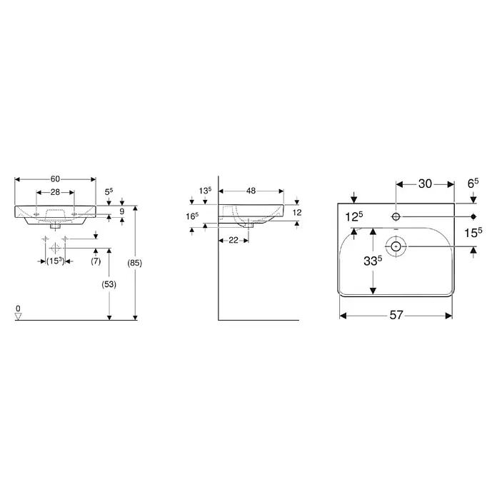 Geberit Smyle Square Waschtisch - 60 x 48 cm, Ohne Spezialglasur, Hahnloch: Mitte, Mit Überlauf, Weiß - Technische Zeichnungen eines Waschbeckens mit Vorder-, Seiten- und Draufsicht, inklusive aller Maße für die Installation.