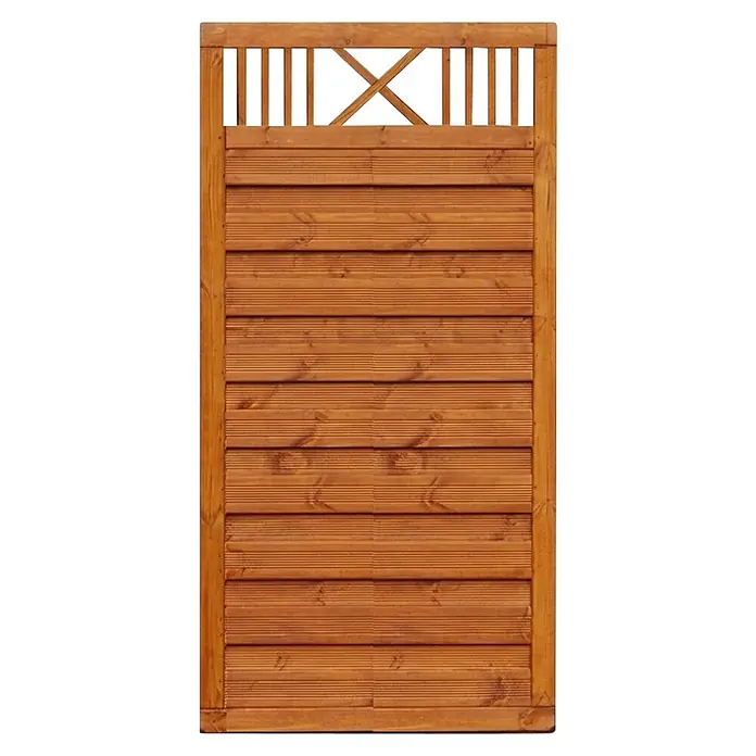 Werth Holz Sichtschutzelement Lausanna - B x H: 89 x 179 cm, Holz, Bangkiraibraun - Hellbraunes Holz-Sichtschutzelement mit horizontalen Lamellen und dekorativem Oberteil mit vertikalen Sprossen und X-Design.