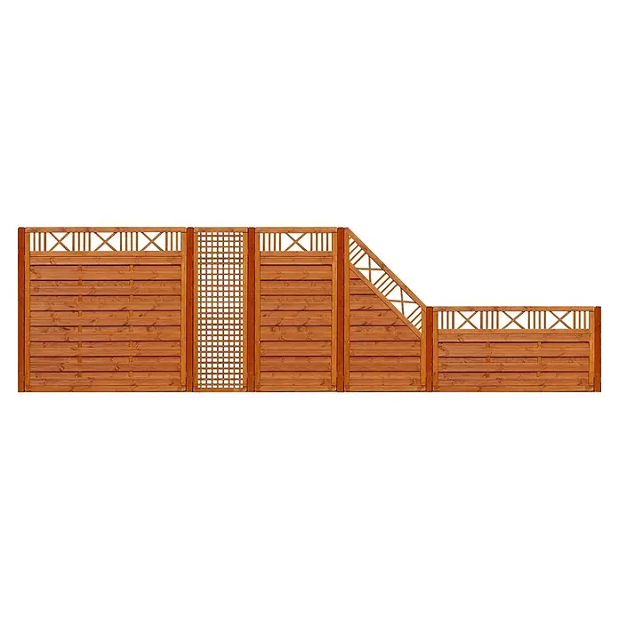 Werth Holz Sichtschutzelement Lausanna - B x H: 179 x 179 cm, Holz, Bangkiraibraun - Modulares Holzgartenzaun-System mit horizontalen Latten, Ziergitter und abgeschrägten Abschnitten, oben mit X-Muster.
