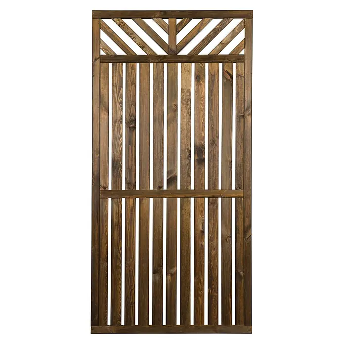 Werth Holz Sichtschutzelement Victoria - B x H: 89 x 179 cm, Holz, Braun - Dunkelbraunes Holzzaunelement mit vertikalen Latten und einem dekorativen diagonalen Gitter oben.