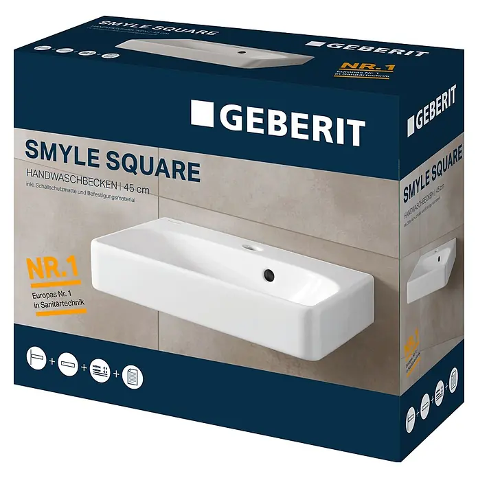 Geberit Smyle Square Waschbecken - 45 x 36 cm, Ohne Spezialglasur, Hahnloch: Mitte, Mit Überlauf, Weiß - Weißes Geberit Smyle Square 45 cm Handwaschbecken auf dunkelblauer Verpackung mit Produktdetails.
