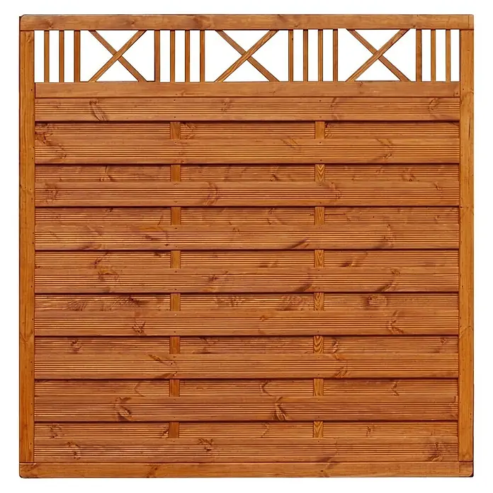 Werth Holz Sichtschutzelement Lausanna - B x H: 179 x 179 cm, Holz, Bangkiraibraun - Braunes Holzzaunelement mit Querlatten und dekorativem Rankgitter oben.