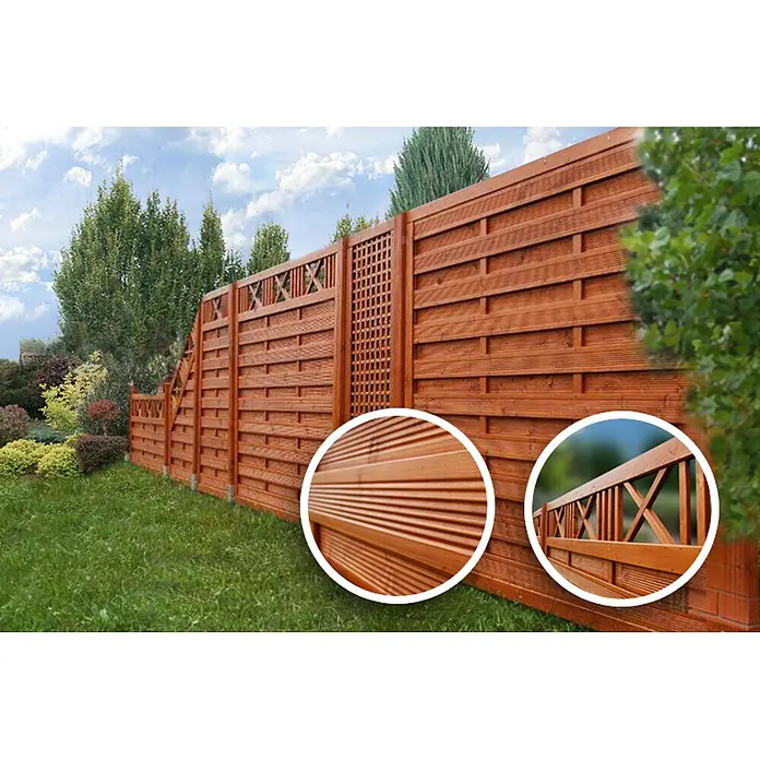 Werth Holz Sichtschutzelement Lausanna - B x H: 179 x 179 cm, Holz, Bangkiraibraun - Rötlich-brauner Holzzaun mit Lamellen und dekorativen Gitter-/X-Mustern.