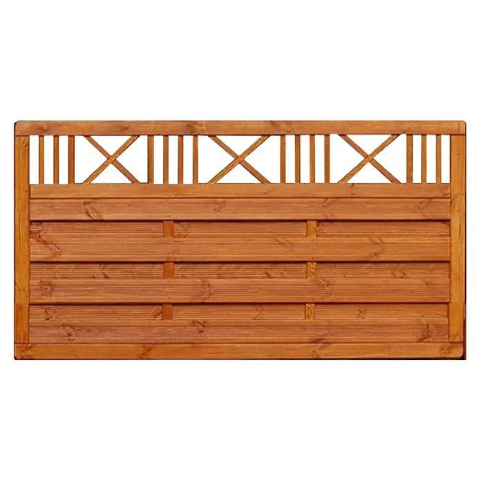 Werth Holz Sichtschutzelement Lausanna - B x H: 179 x 89 cm, Holz, Bangkiraibraun - Hellbrauner Holzzaun mit Querlatten und dekorativem Rankgitter oben, das vertikale und X-förmige Elemente aufweist.