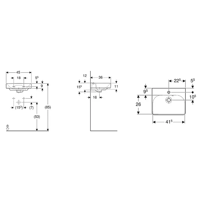 Geberit Smyle Square Waschbecken - 45 x 36 cm, Ohne Spezialglasur, Hahnloch: Mitte, Mit Überlauf, Weiß - Maßzeichnung eines Waschbeckens mit Vorder-, Aufsicht- und Seitenansicht sowie Installationsmaßen.