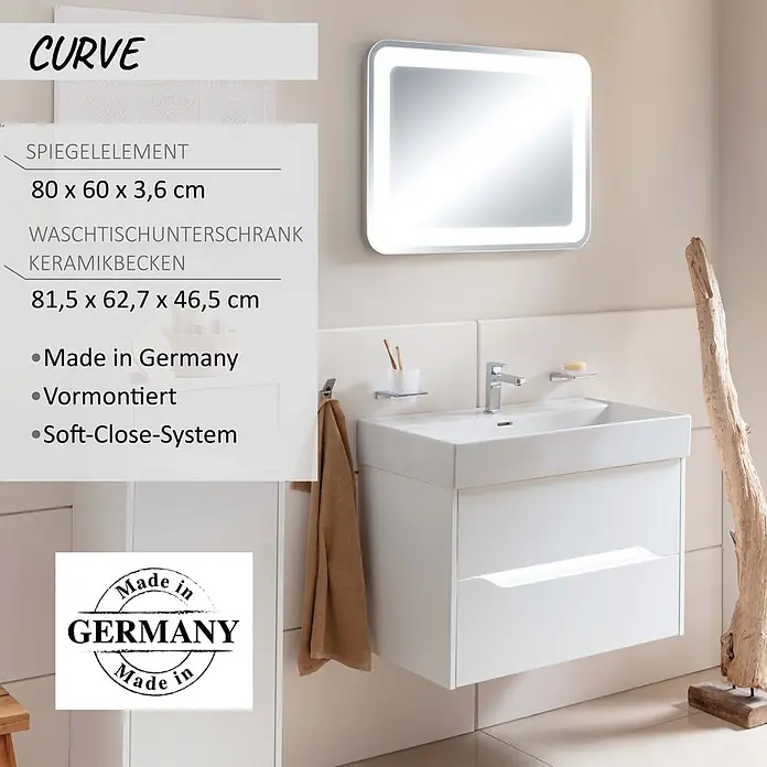 Camargue Curve Badmöbel-Set - Gesamtbreite Badmöbel: 80 cm, Weiß, Matt - Modernes weißes Badmöbel-Set mit Keramikwaschbecken, wandhängendem Unterschrank und beleuchtetem Spiegel.