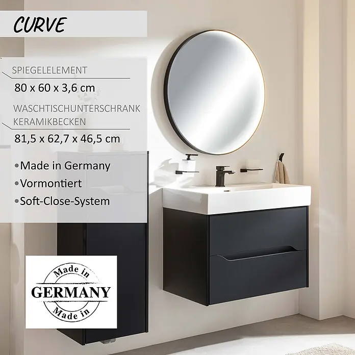 Camargue Curve Badmöbel-Set - Gesamtbreite Badmöbel: 80 cm, Schwarz, Matt, 3 -tlg. - Modernes schwarzes Badmöbel-Set mit weißem Keramikwaschbecken, passendem Schrank und rundem Spiegelelement.