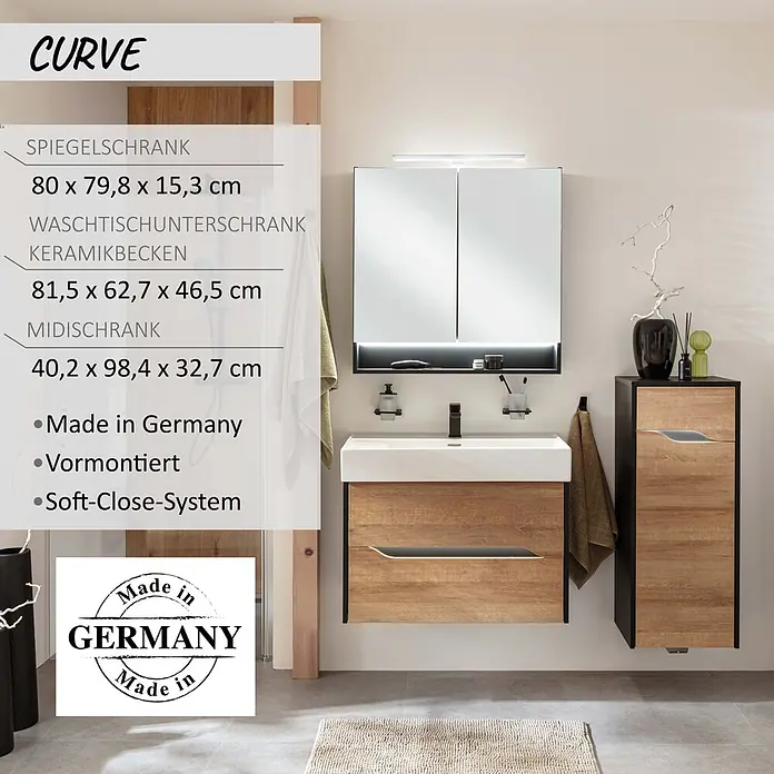Camargue Curve Badmöbel-Set - Gesamtbreite Badmöbel: 80 cm, Berg-Eiche/Schwarz, Matt, DIN Anschlag: Rechts, Mit LED-Spiegelschrank - Modernes Badmöbel-Set in Holzoptik mit Waschtischunterschrank, Spiegelschrank und Midischrank, inklusive weißem Keramikbecken.