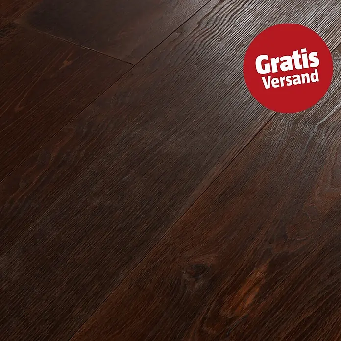 Parkett Eiche Julia - 2.200 x 260 x 15 mm, Landhausdiele - Dunkelbrauner Holzboden mit ausgeprägter Maserung und rotem „Gratis Versand“-Aufkleber.