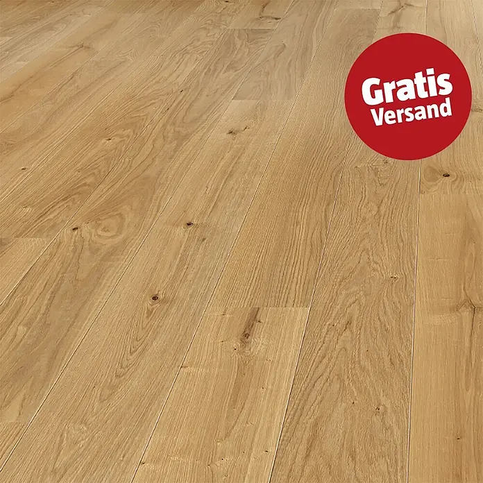Living by Haro Parkett - Eiche strukturiert Naturöl, Landhausdiele, 2.200 x 180 x 12 mm - Heller Holzfußboden mit sichtbarer Maserung und Ästen.