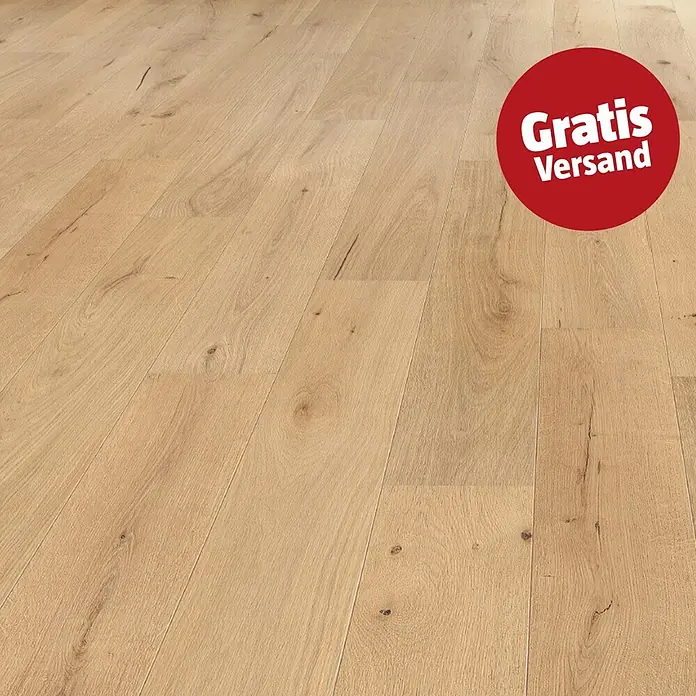 Living by Haro Parkett - Eiche pure strukturiert Naturöl, Landhausdiele, 1.085 x 180 x 12 mm - Heller Holzboden mit sichtbarer Maserung und Ästen.