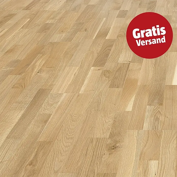 Living by Haro Parkett - Eiche Pure versiegelt, Schiffsboden, 1.085 x 180 x 12 mm - Heller Holzboden mit natürlicher Maserung und klassischem Dielenmuster; mit rotem "Grátis Versand"-Aufkleber.