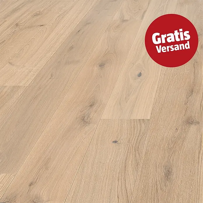 Living by Haro Parkett - Eiche Creme Naturöl, Landhausdiele, 2.200 x 180 x 12 mm - Heller Eichenholzfußboden mit natürlicher Maserung und Ästen.