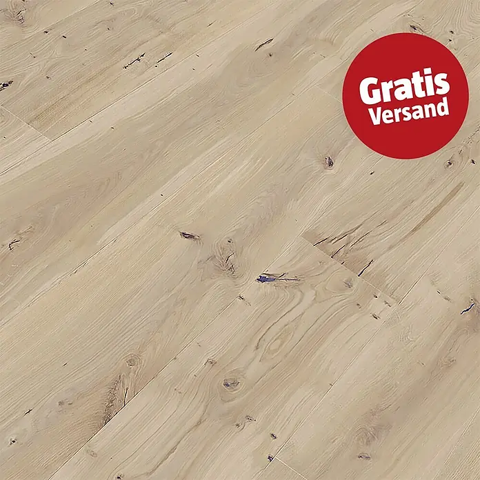 Parkett - Eiche Helgoland, Landhausdiele, 2.130 x 190 x 14,2 mm - Helle Holzfußbodendielen mit natürlicher Maserung und dunklen Ästen, mit rotem 'Gratis Versand' Abzeichen.