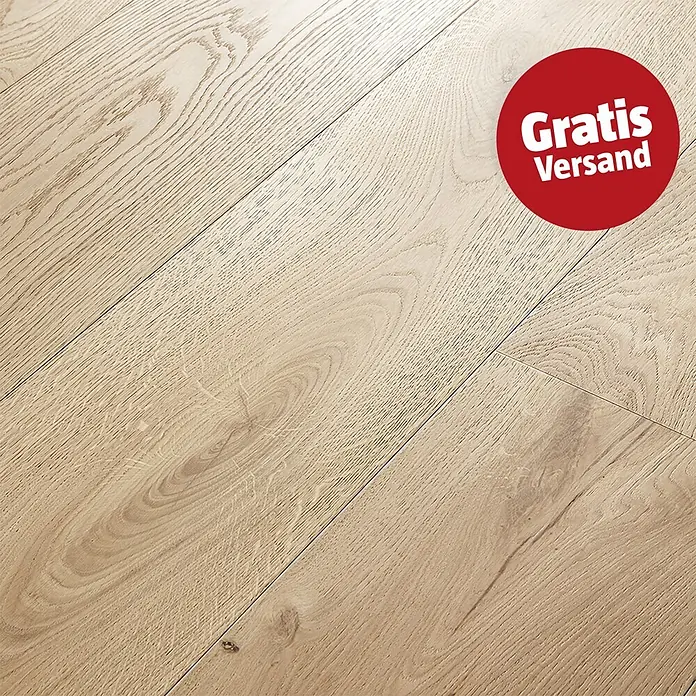 Parkett - Eiche Innsbruck, Landhausdiele, 2.200 x 260 x 15 mm - Heller Eichenlaminatboden mit natürlicher Maserung, mit rotem 'Gratis Versand' Stempel oben rechts.
