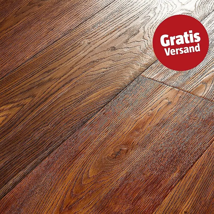 Parkett - Eiche Rosenheim, Landhausdiele, 2.200 x 260 x 15 mm - Strukturiertes braunes Holzboden mit sichtbarer Maserung, diagonal verlegt.
