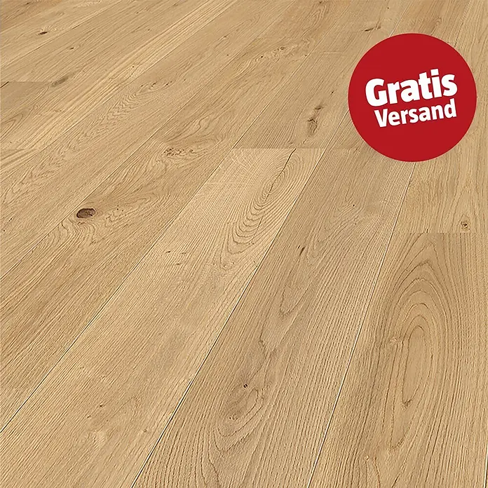 Living by Haro Parkett - Eiche geölt strukturiert, Landhausdiele, 1.085 x 180 x 11 mm - Helles Eichenholzparkett mit natürlicher Maserung, sichtbaren Ästen und einem roten 'Gratis Versand' Aufkleber.
