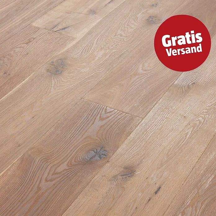Parkett - Eiche Lindau, Landhausdiele, 1.900 x 190 x 15 mm - Hellbrauner Holzboden mit sichtbarer Maserung und Ästen.