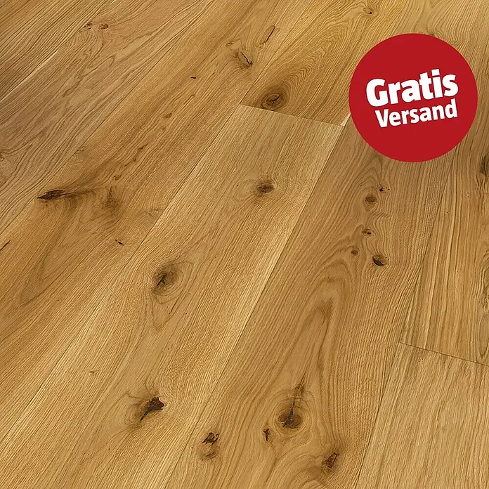 Parador Parkett Basic 11.5 - Eiche gebürstet Naturöl, Landhausdiele, 2.200 x 185 x 11,5 mm - Hellbrauner Eichenparkettboden mit natürlicher Maserung und sichtbaren Ästen, diagonal verlegt. Roter Kreis mit "Gratis Versand" oben rechts.