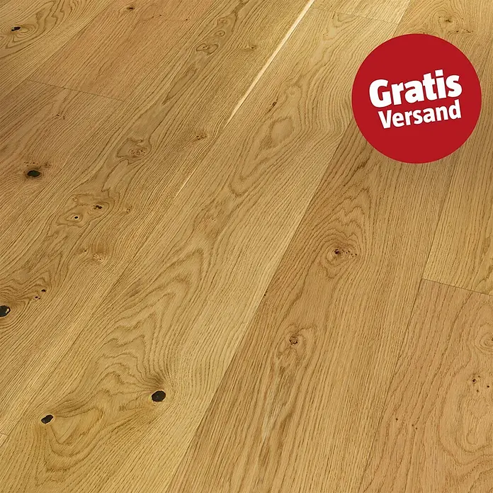 Parador Parkett Basic 11.5 - Eiche Naturöl, Landhausdiele, 2.200 x 185 x 11,5 mm - Hellbrauner Dielenboden mit natürlicher Maserung und Ästen.