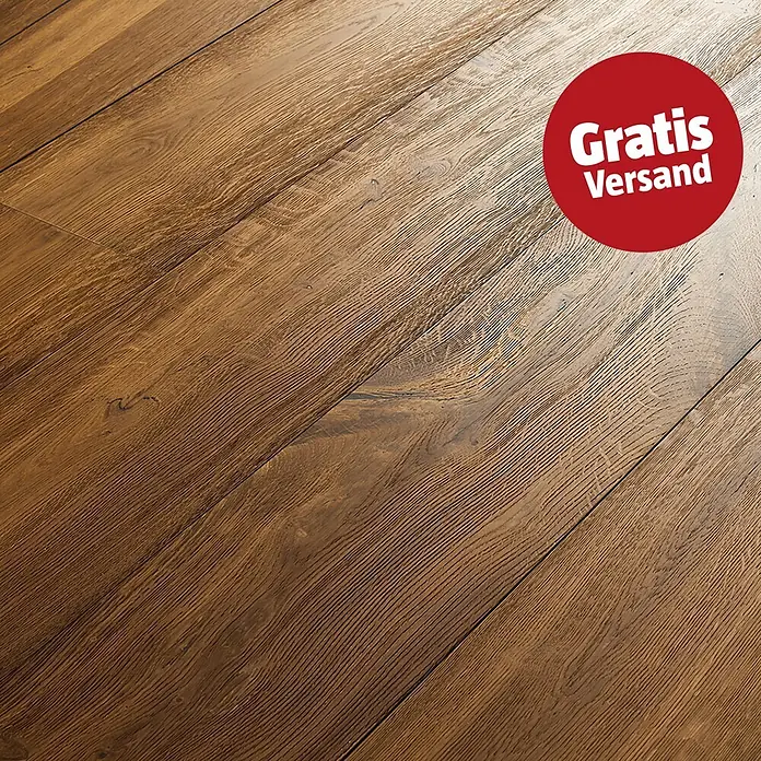 Parkett - Eiche Lorenz S, Landhausdiele, 1.250 x 190 x 14 mm - Warme, rustikale braune Holzdielen diagonal verlegt, zeigen ausgeprägte Maserung und Textur.