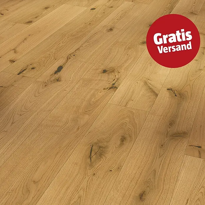 Parador Parkett Basic 11.5 - Eiche Rustikal lackversiegelt matt, Landhausdiele, 1.080 x 185 x 11,5 mm - Natürlicher Eichenparkett mit ausgeprägter Maserung und Ästen.
