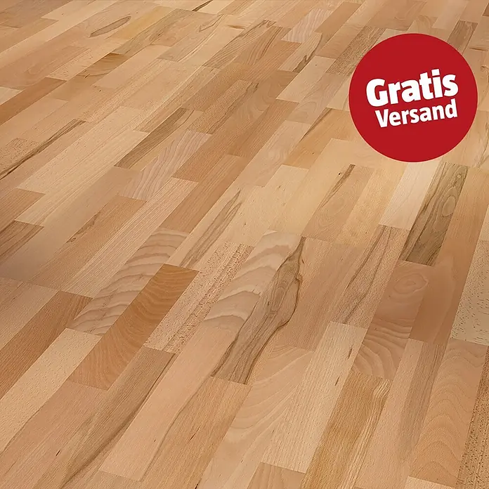 Parador Parkett Basic 11.5 - Buche Rustikal matt lackiert, Schiffsboden, 2.200 x 185 x 11,5 mm - Heller Holzboden mit versetztem Dielenmuster und rotem Kreis mit "Gratis Versand".