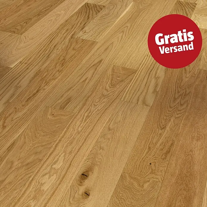 Parador Parkett Classic 3025 - Living Eiche, Mehrstab, 1.170 x 120 x 13 mm - Helles Eichenparkett mit deutlicher Maserung, vereinzelten Ästen und einem roten runden "Gratis Versand" Aufkleber.